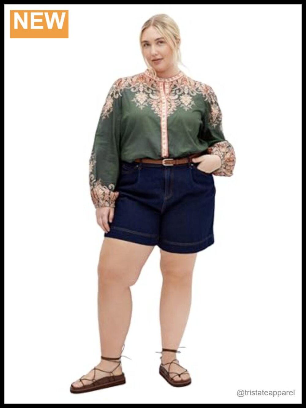 Plus Size Peasant Tunic Blouse with Embroidery and Button Front